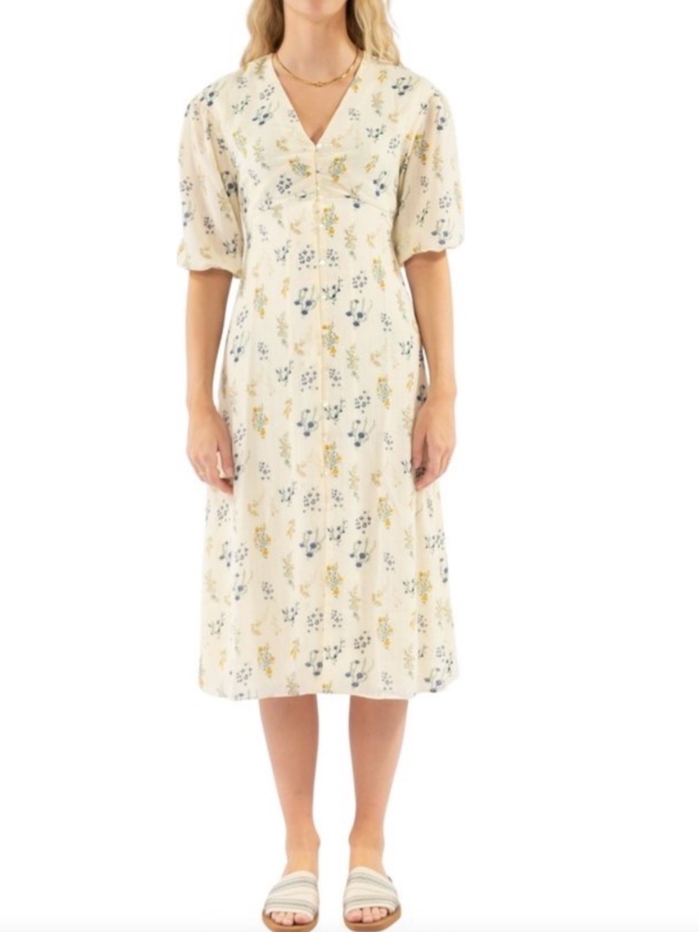 BA&SH Robe Aris Midi Dress Button Front 3/4 Sleeve Ivory Yellow Floral Sz 0 / XS